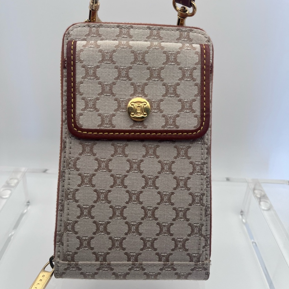 Authentic Celine Beige Jacquard and Brown Trim Crossbody Phone Pouch